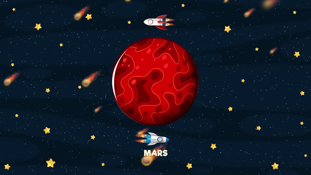 Animated spacecraft orbit Mars amidst a meteor shower in a colorful cosmic scene with dynamic movement and vibrant visuals