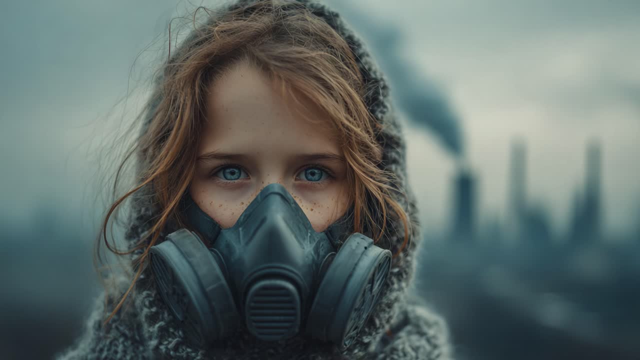 En ung pige i gasmaske stirrer intenst ind i kameraet, omgivet af en røgfyldt industriel baggrund, der repræsenterer miljømæssige bekymringer og bylivets udfordringer