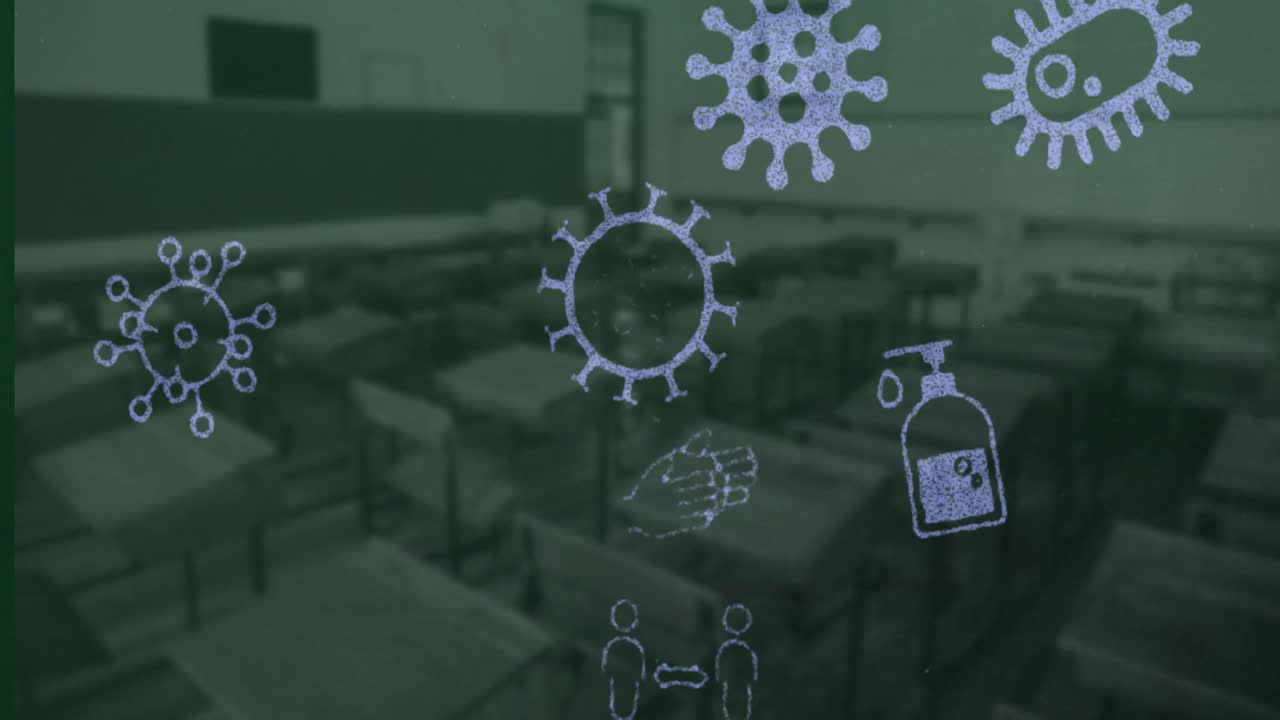 빈 교실에 대항하는 코로나바이러스 개념 아이콘