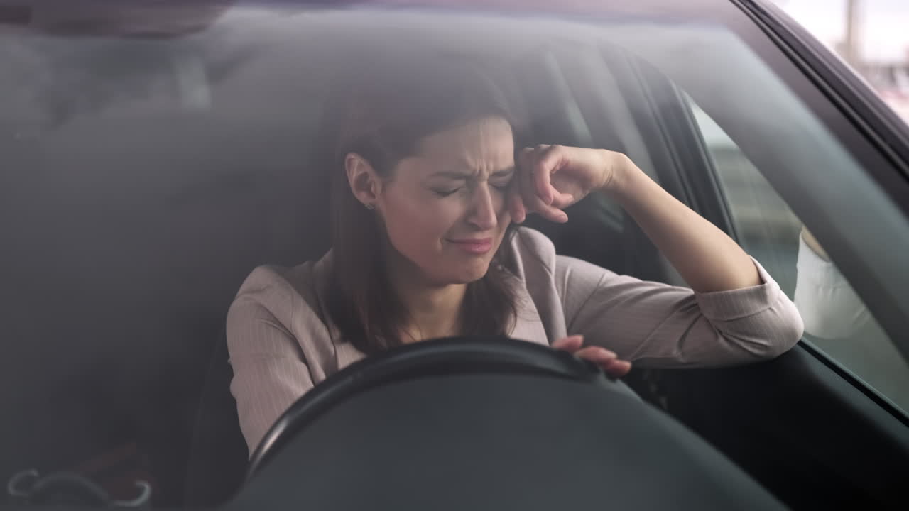 차에서 울고 있는 여자