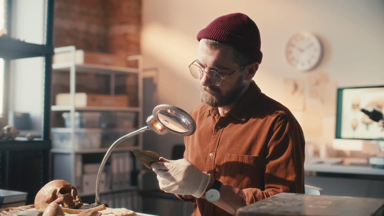 arqueólogo inspeccionando la punta de la lanza bajo una lámpara de ampliación en el laboratorio