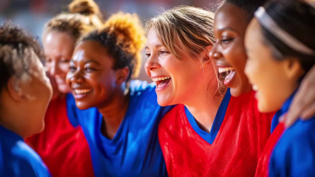 Celebrating Team Spirit and Joy: A Close-Knit Group of Female Athletes Sharing Laughter and Excitement in a Supportive Environment During Their Sports Activity