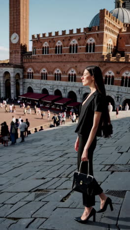 elegant woman overlooking piazza del campo in siena, italy