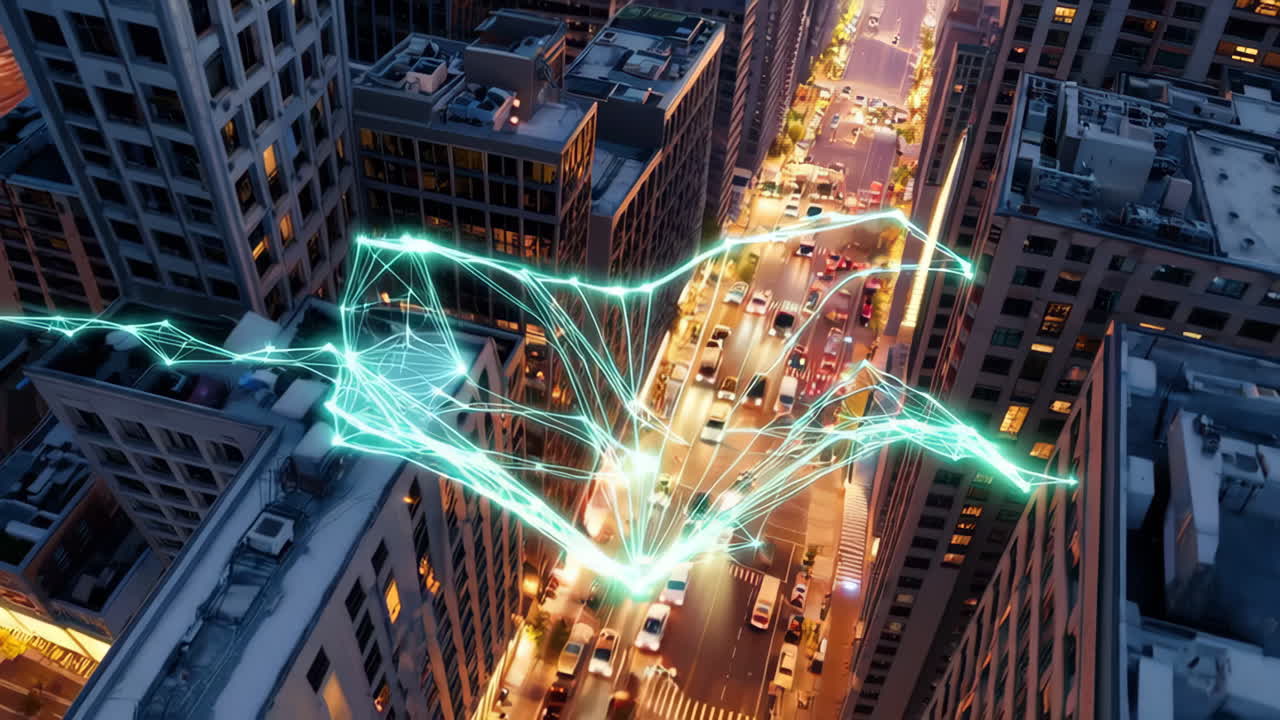 Digital Network Overlay on a Night Cityscape