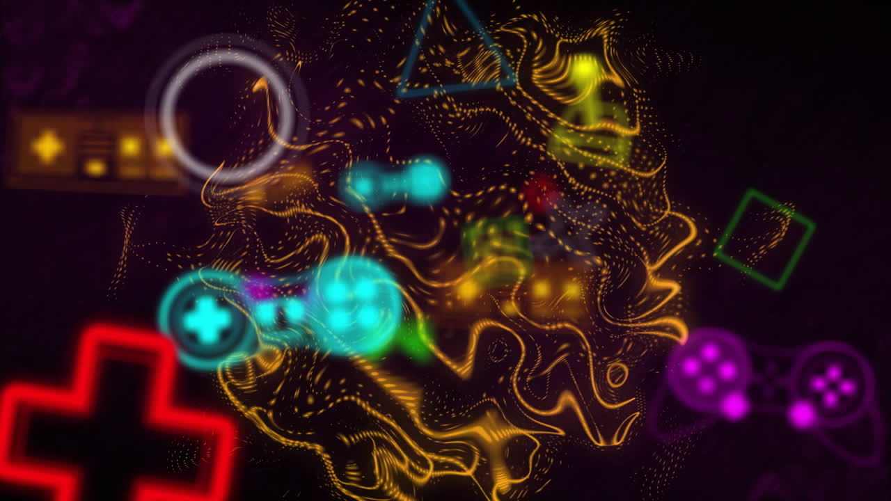 Abstract shapes and symbols animation over colorful flowing lines background