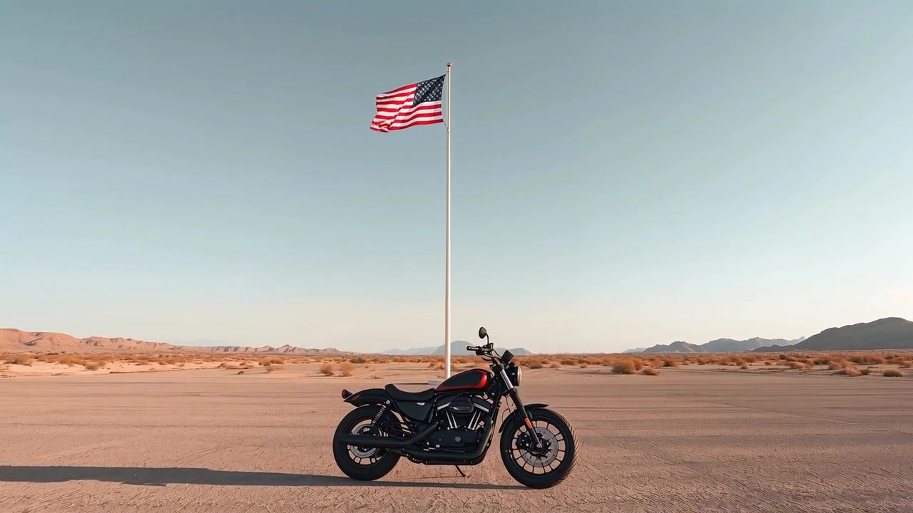 Motocicletta nera in piedi sul cavalletto nel deserto, bandiera americana sull'asta che sventola al vento.