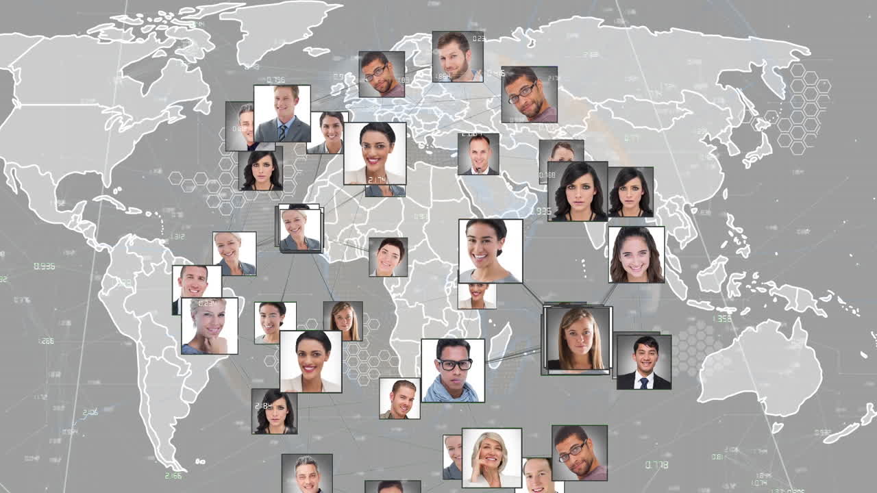 animación de la red de conexiones con fotos de personas y procesamiento de datos sobre el mapa del mundo