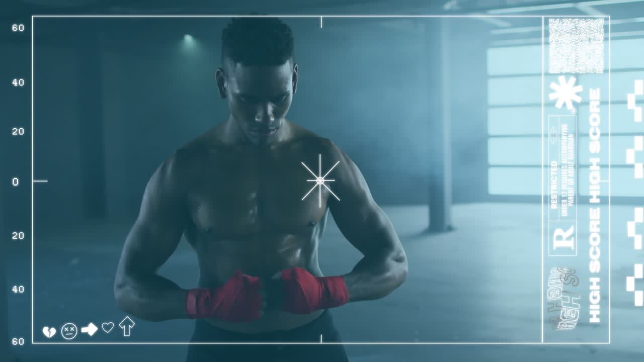 남자 권투 선수가 손에  ⁇ 을  ⁇ 는 카메라 인터페이스의 디지털 복합 비디오