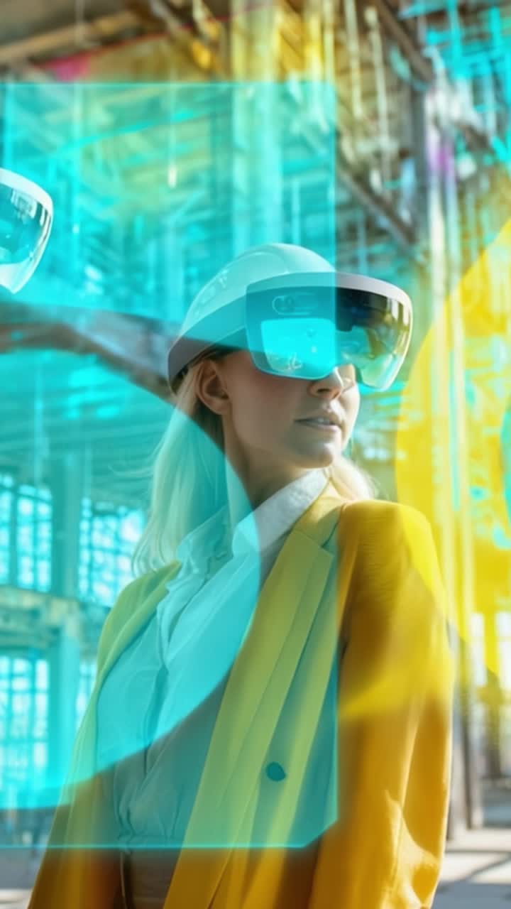 Professional wearing augmented reality glasses in a construction site, showcasing advanced technology that aids in visualization and project management during building processes