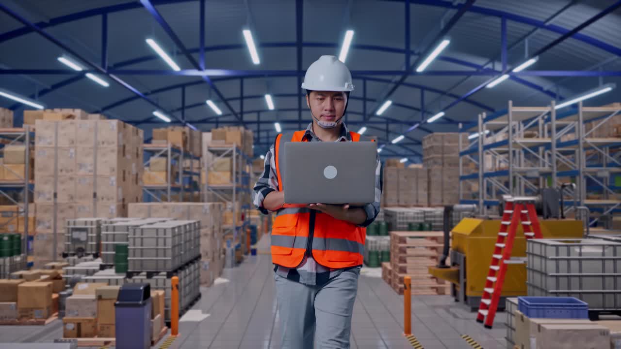 Vista frontale di un ingegnere uomo asiatico che usa il computer mentre cammina e ispeziona in un ampio magazzino con file di scaffalature.