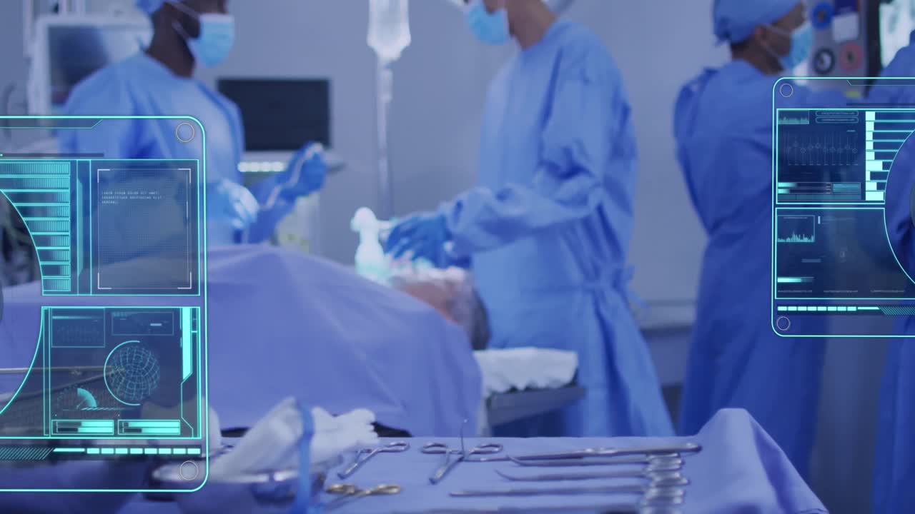 animación del procesamiento de datos sobre diversos médicos con máscaras faciales durante la cirugía