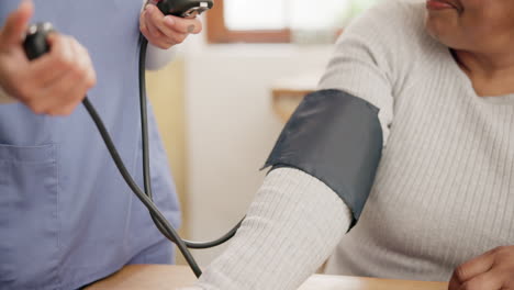 nurse, hands and blood pressure test in home