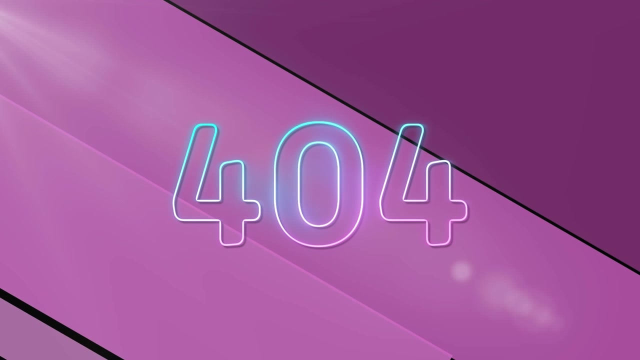 Zářící neonová chybová zpráva 404 na abstraktním fialovém pozadí
