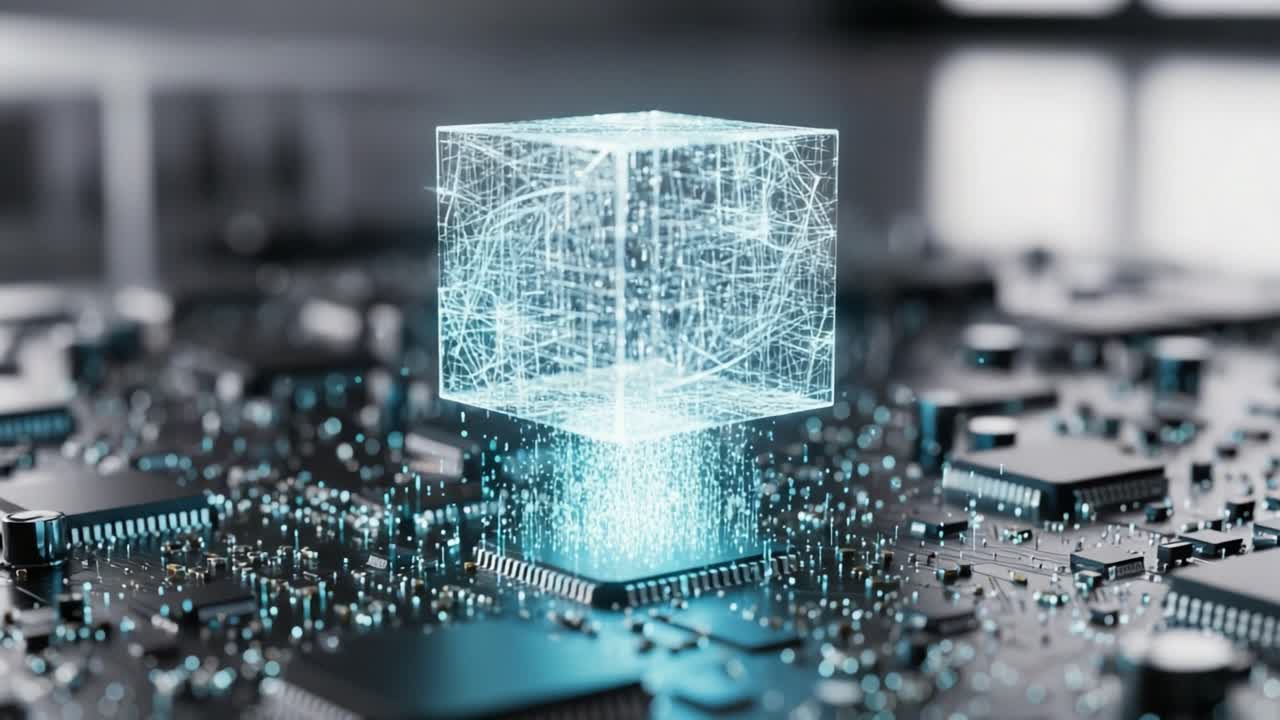 A Glowing Data Cube Emanating Streams of Information Above a Circuit Board, Representing Advanced Computing and Digital Technology Innovations
