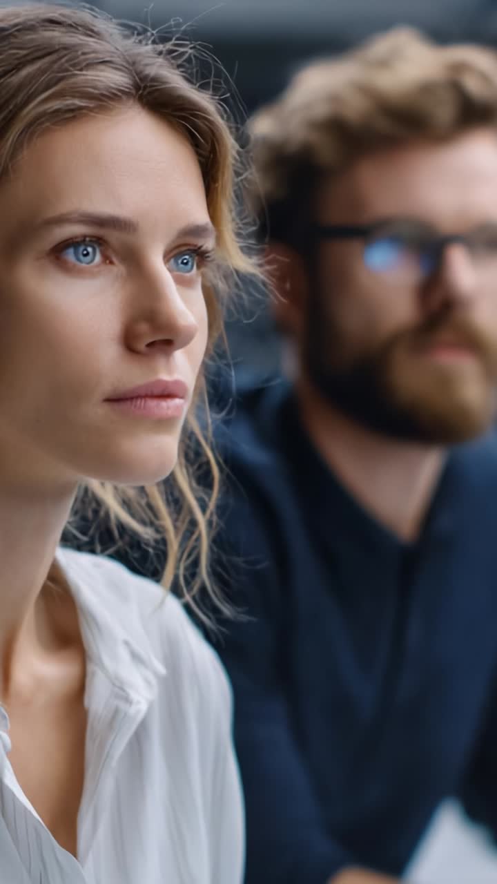 Focus accattivante: primo piano di una donna riflessiva impegnata in una collaborazione creativa con un uomo premuroso in uno spazio di lavoro moderno