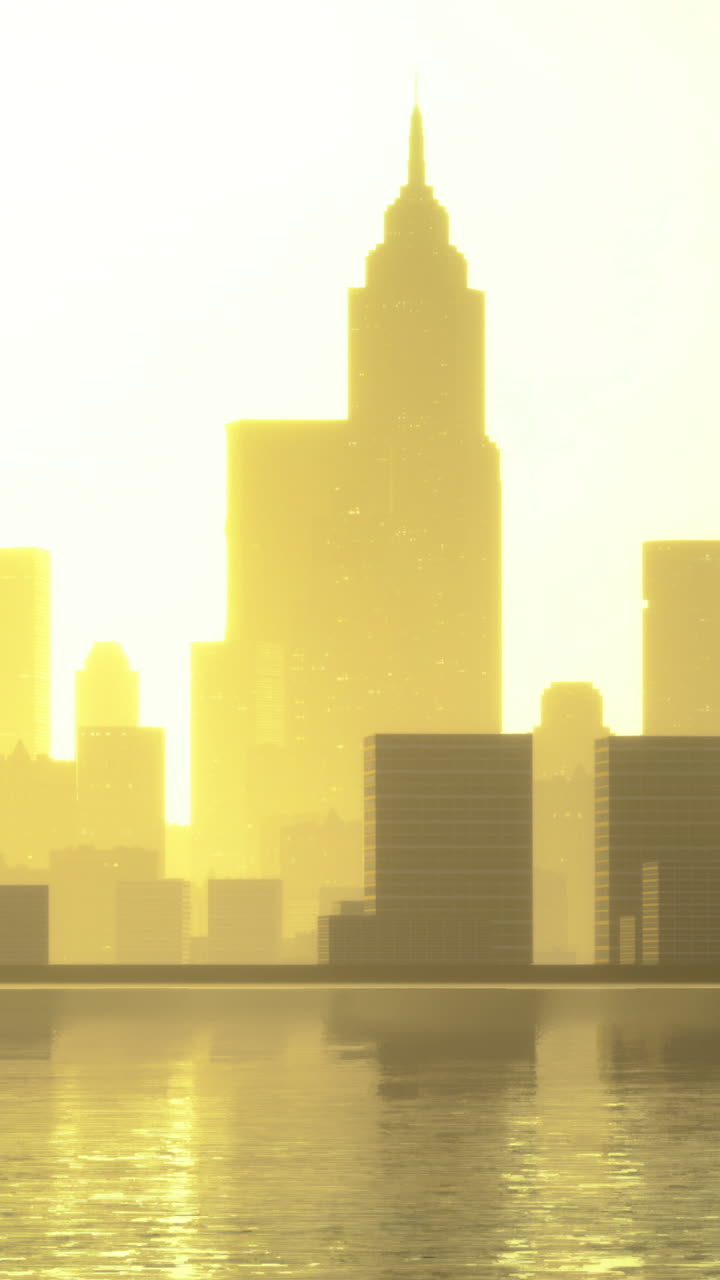 Vista del atardecer del horizonte de la ciudad con edificios y reflejo en el agua