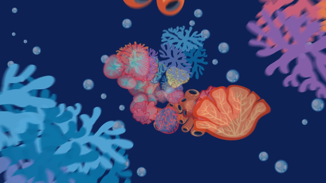 Animated coral reef elements drift and swirl in a deep blue underwater scene, with smooth transitions, vibrant colors, and floating bubbles enhancing a tranquil aquatic mood