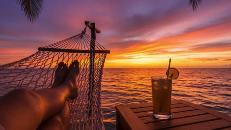 a serene sunset escape: relaxing on a hammock with refreshing drink at the beach, capturing the peaceful essence of dusk by the ocean