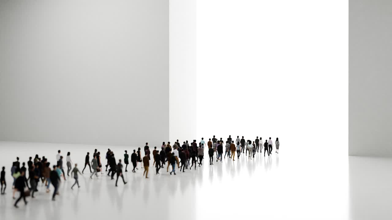 Group of People Walking Towards a Bright Light in a White Room