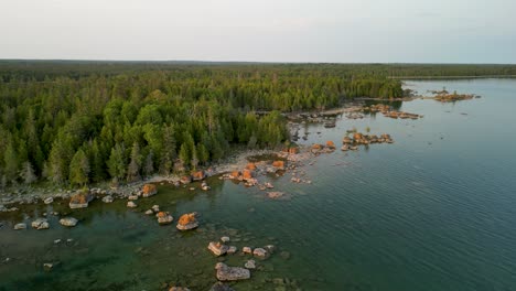 aerial large pan of forested coastline, lake huron, michigan