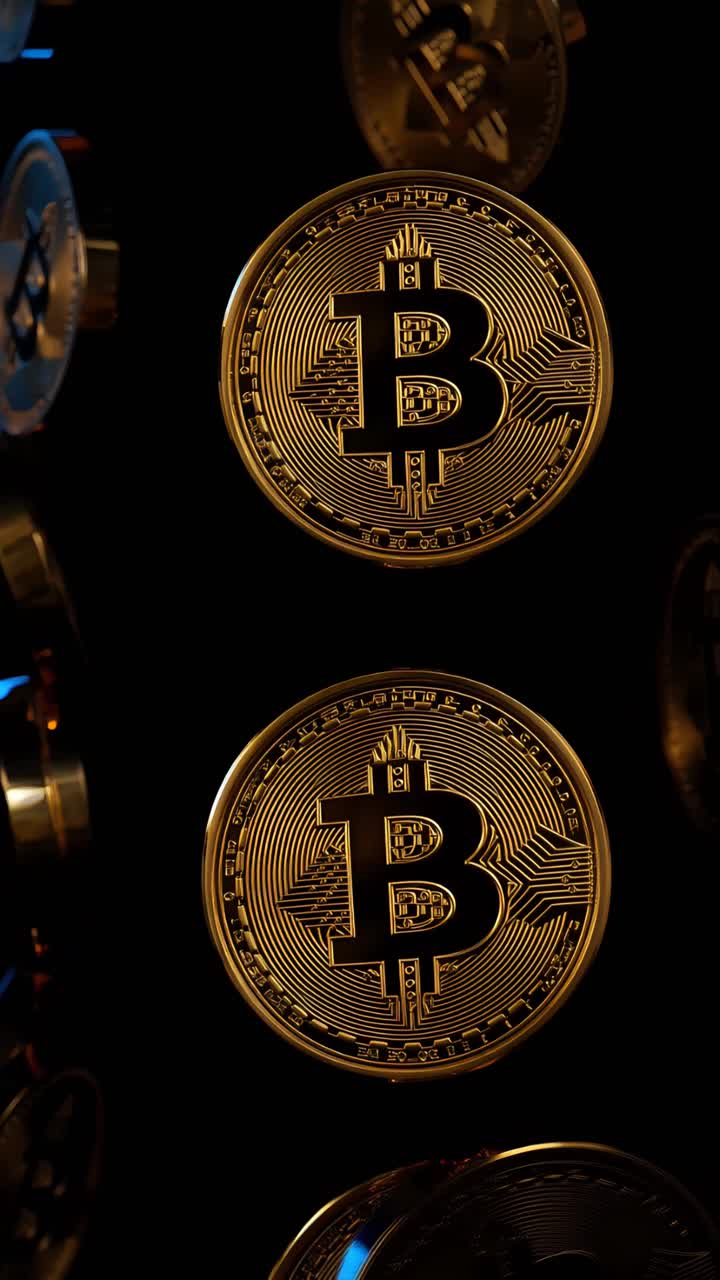 Animação de Bitcoin Dourado Girando em Fundo Escuro Cripto Cinematográfico 4K