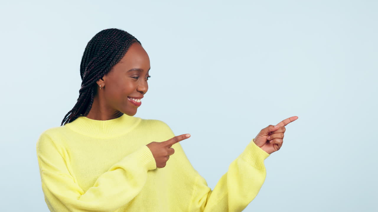 Happy advertising, face and black woman point