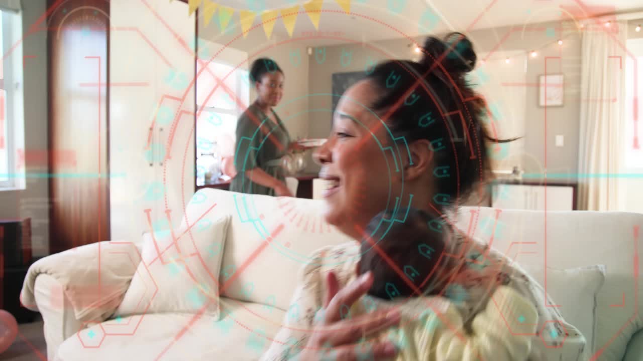 Server approaching carrying plates and pitcher, sharing cake for baby shower, mother cradling baby