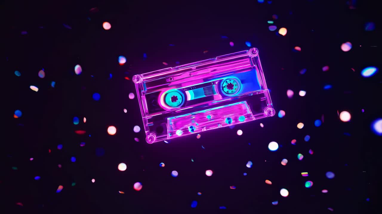 Un vivace nastro a cassetta illuminato al neon fluttua tra coriandoli colorati, ripreso da un angolo dall'alto verso il basso