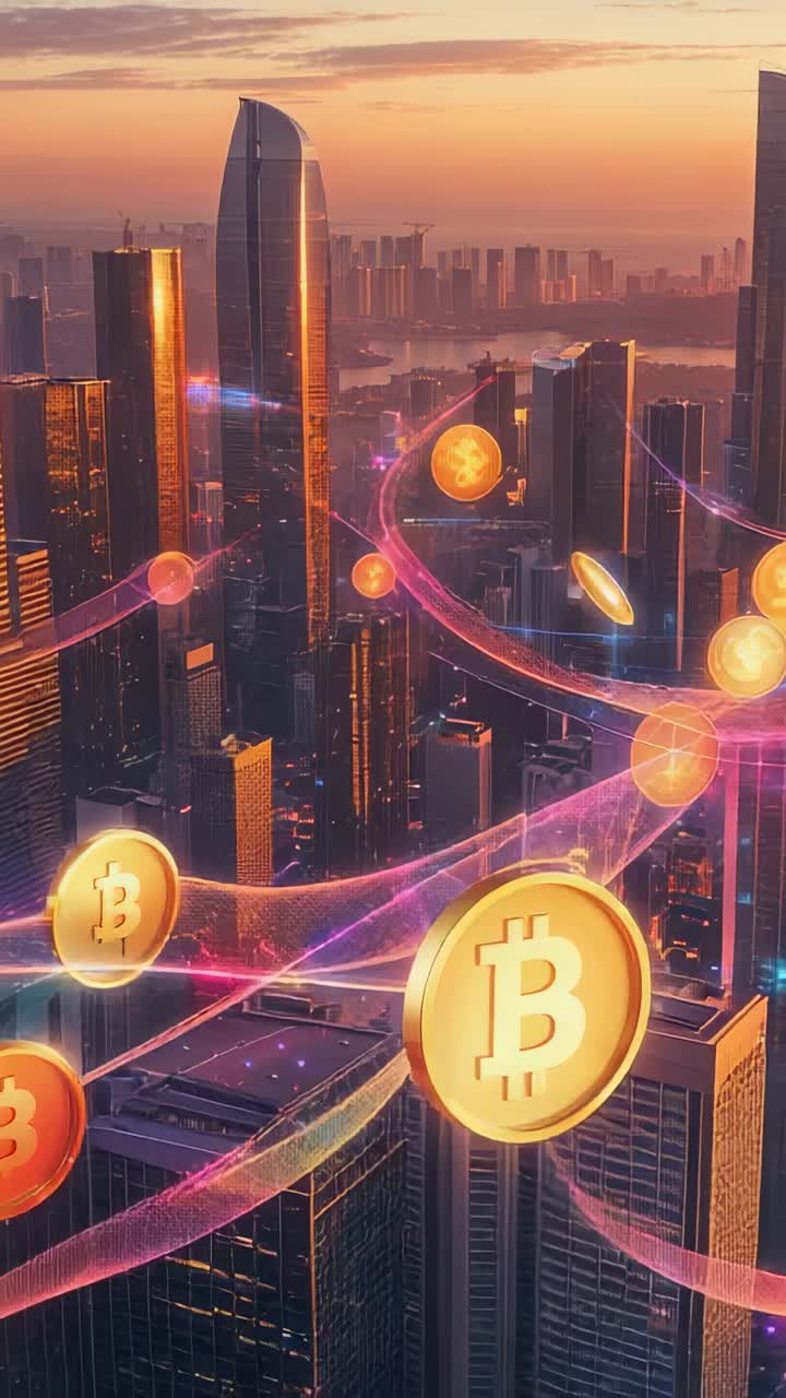 Vertical video: Emerging ribbon carrying Bitcoin coins weaving through skyline showing flow