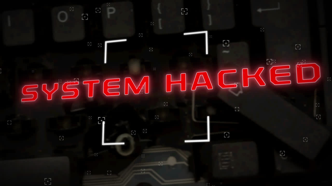 animación de texto hackeado del sistema con alcance y teclado de computadora en el fondo