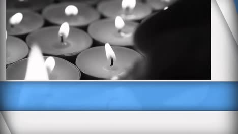 Animation-of-blue-and-white-panels-opening-over-lit-tea-light-candles