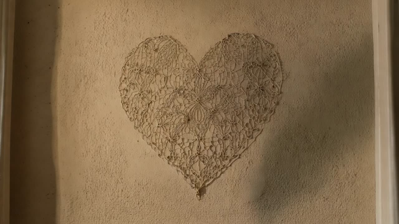 Zooming camera moving closer to plaster wall, revealing crocheted heart's lace details and pins