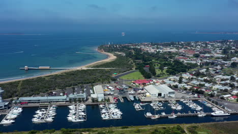 AERIAL-Coastal-Township-Of-Queenscliff,-Australia-On-A-Sunny-Day