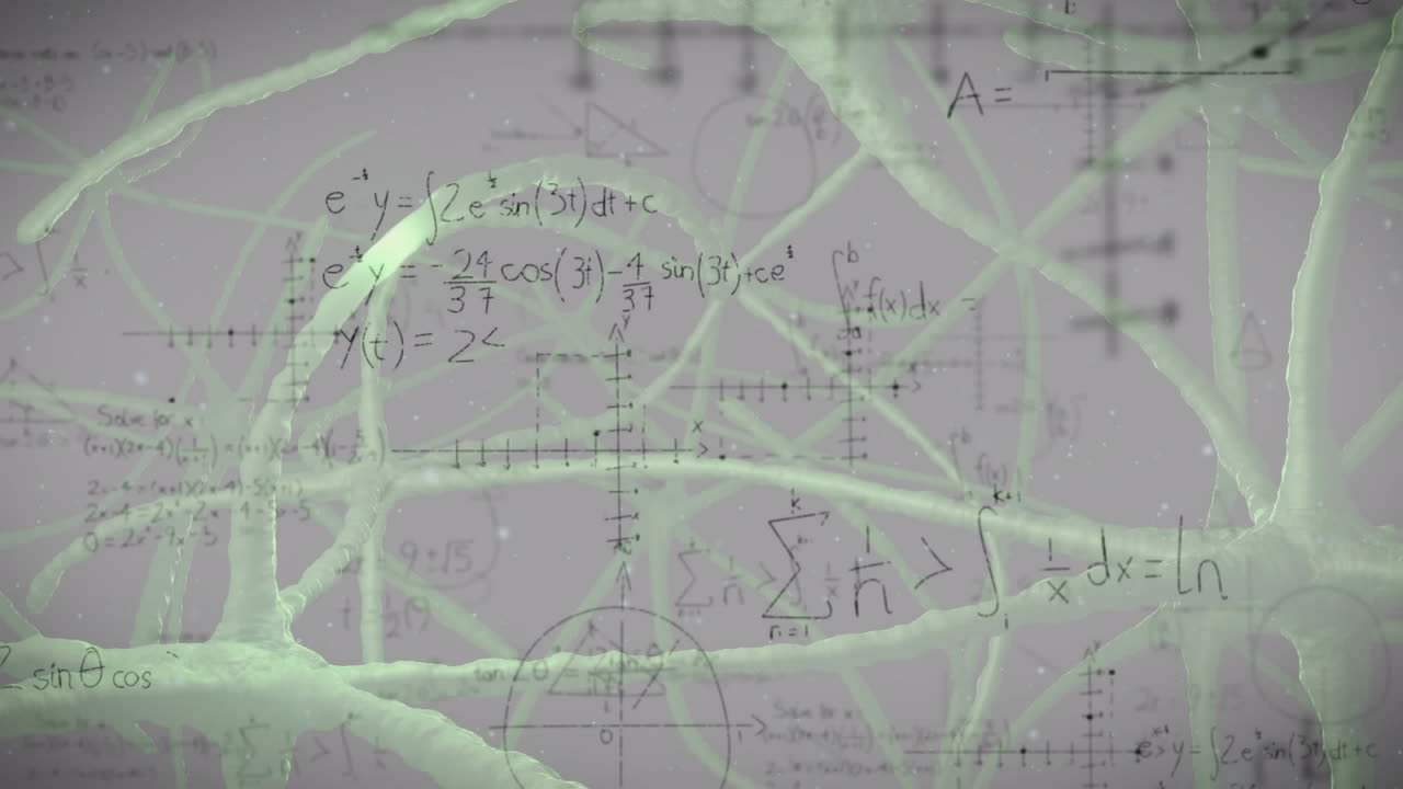 색 배경에 디지털 뉴런을 통해 수학적 방정식의 애니메이션