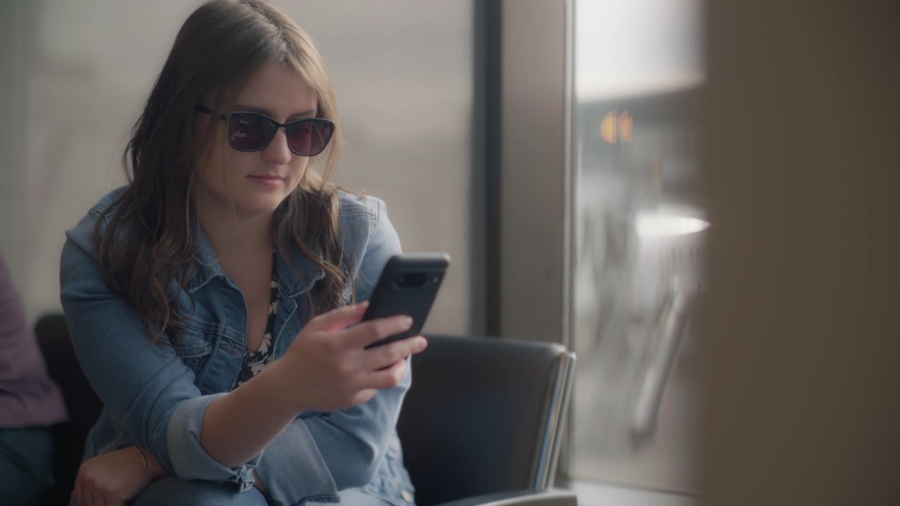 Mujer con gafas de sol navegando en el teléfono en la puerta de embarque del aeropuerto.