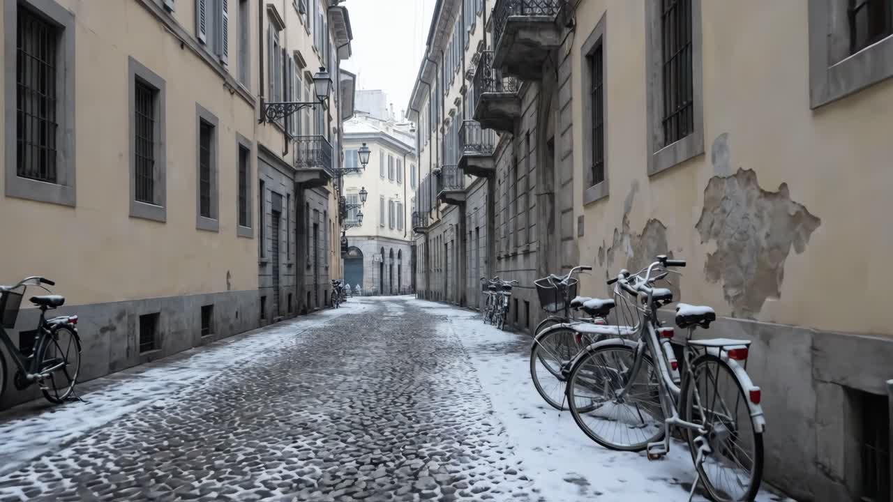 Snedækket brostensbelagt gade med parkerede cykler i en gammel europæisk by