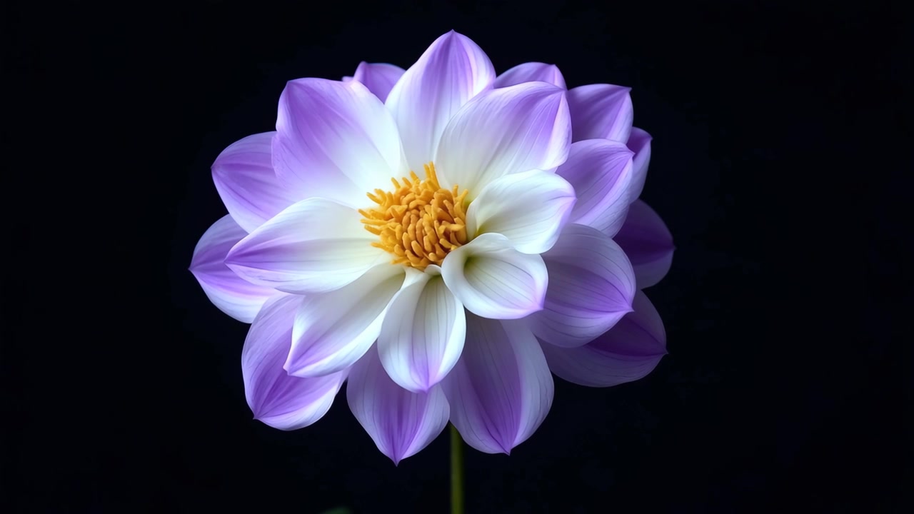 Bellissima dalia viola e bianca in fiore su sfondo nero