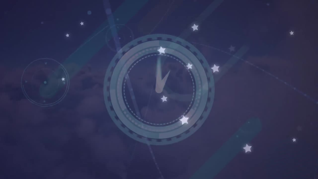 Animation of shining star icons floating over ticking clock against clouds in the sky