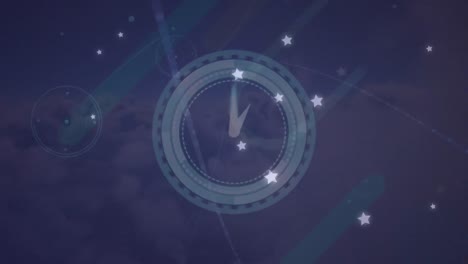 Animation-of-shining-star-icons-floating-over-ticking-clock-against-clouds-in-the-sky