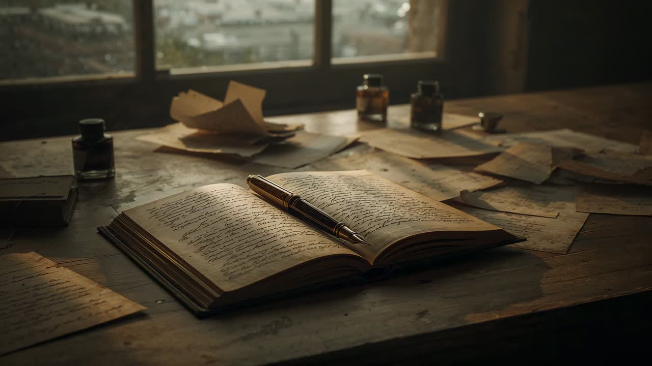 Light shifting at window casting highlights on open journal on desk with fountain pen, ink bottles