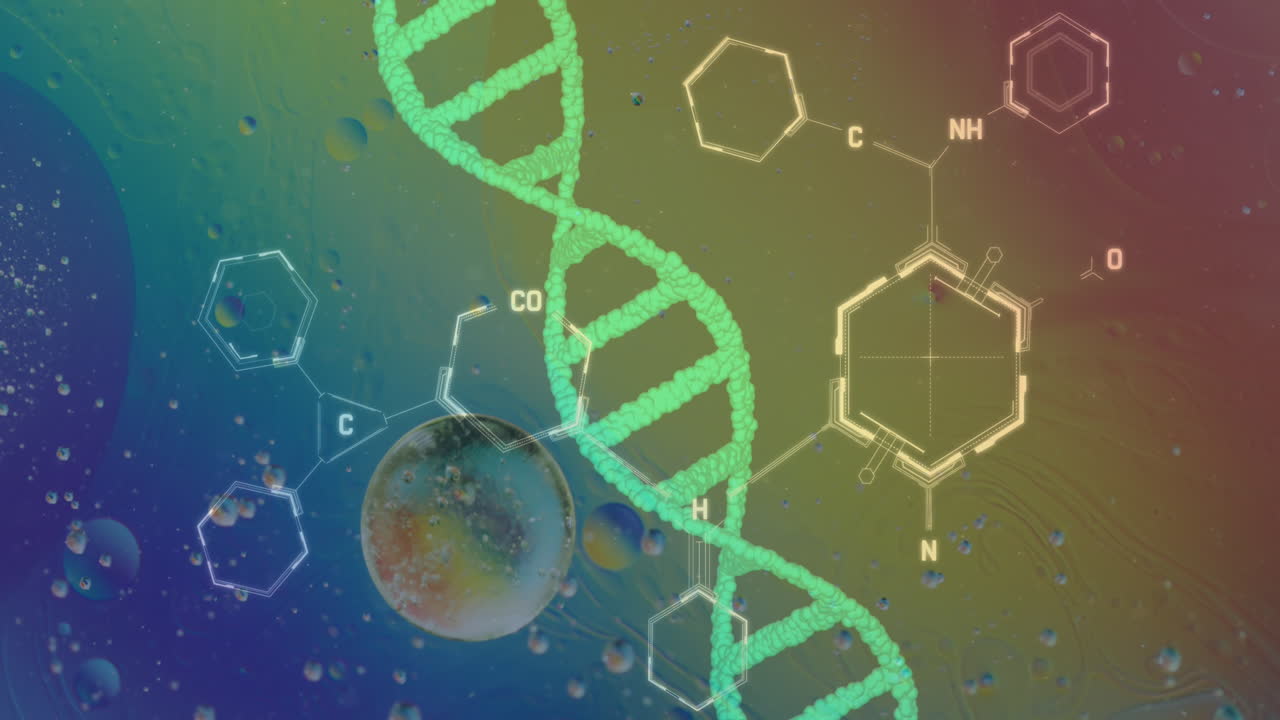animación de burbujas sobre la cadena de adn y la fórmula química en un fondo colorido