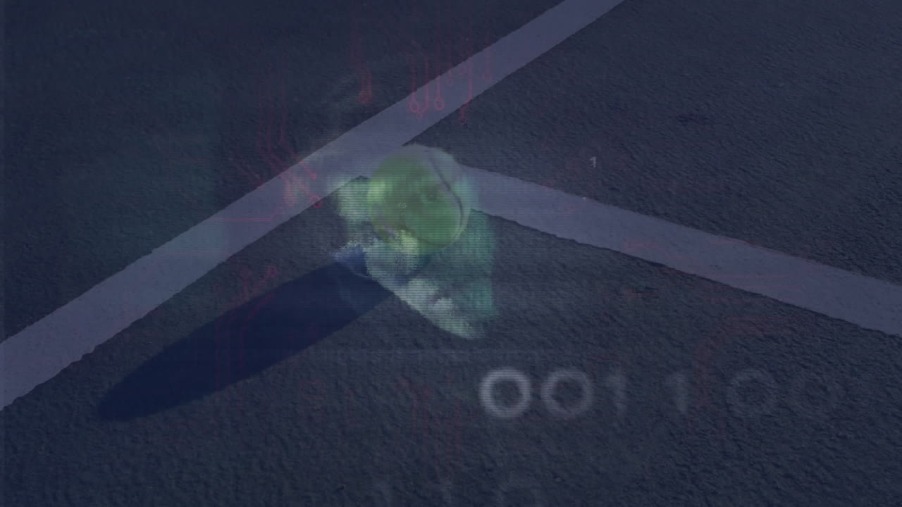 Translucent green skull floating above asphalt road streaming binary code over painted X lines