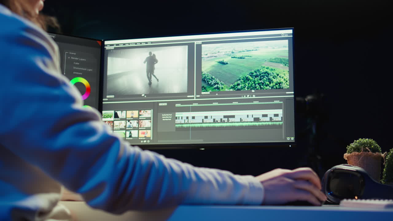 Professional video editor editing color grading, camera A