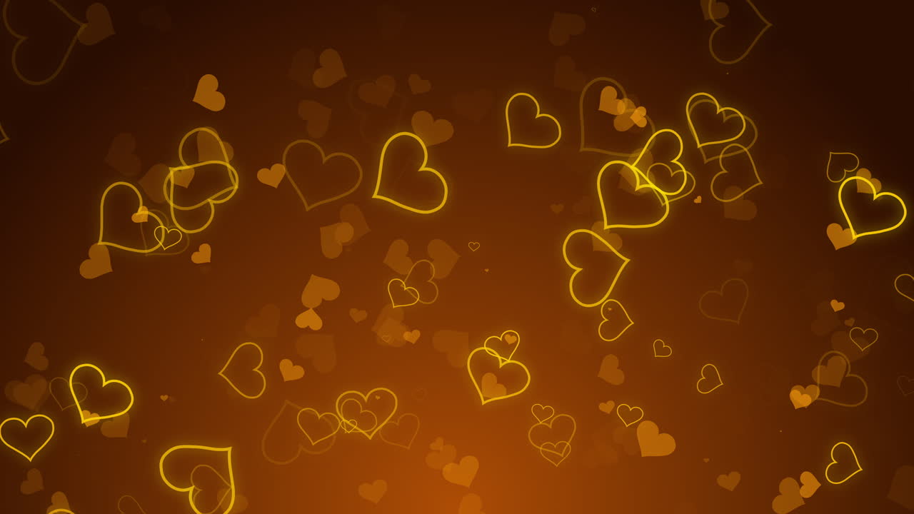 Flying heart gold with flashes on animated loop background. Heart-shaped neon wire glow.