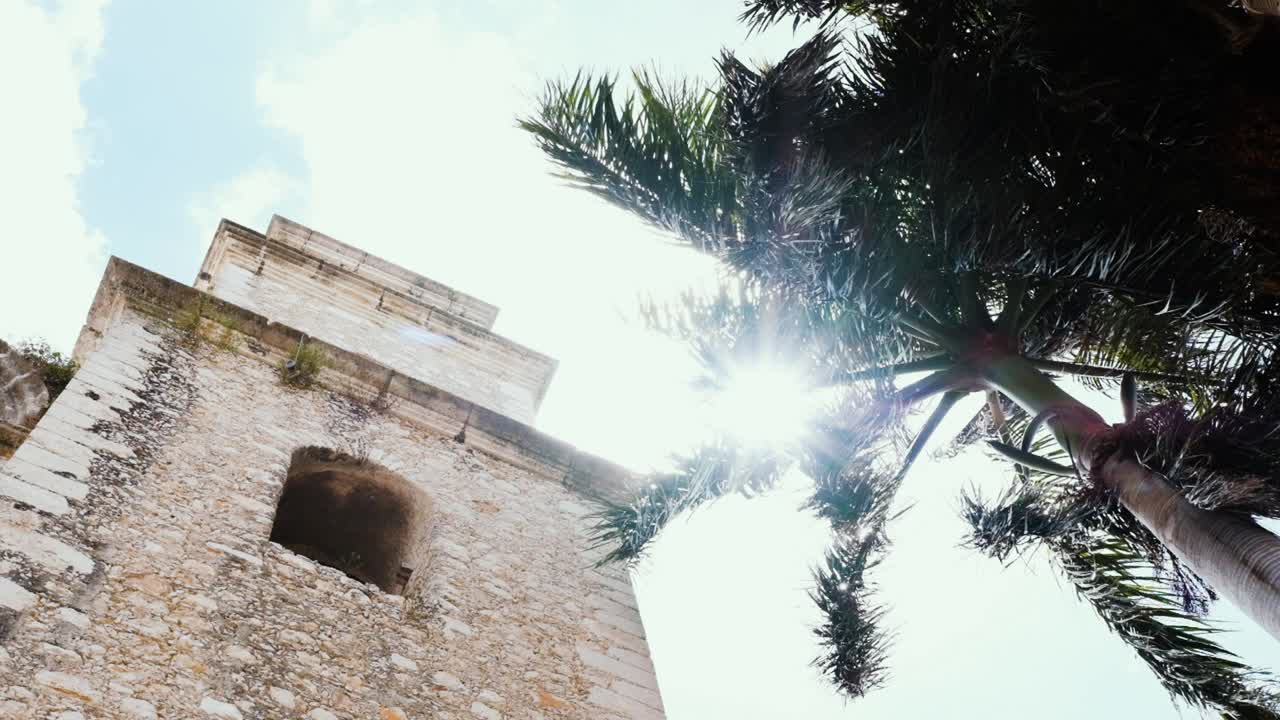 Elevated view capturing a church and palm tree in M&eacute;rida, framed against the sky, punctuated with dazzling sun flares