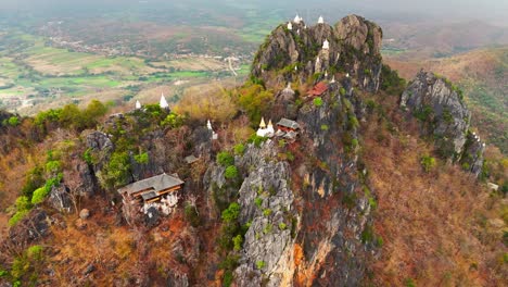 aerial drone sky temple in lampang thailand mountaintop pagodas of wat chaloem phra kiat