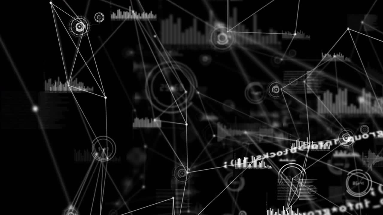 Animation of network of connections with data processing on black background