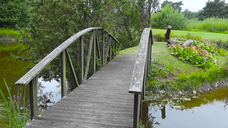 un viejo puente de madera y vintage sobre agua oscura durante el verano con árboles de enebro en la pequeña isla que conduce a