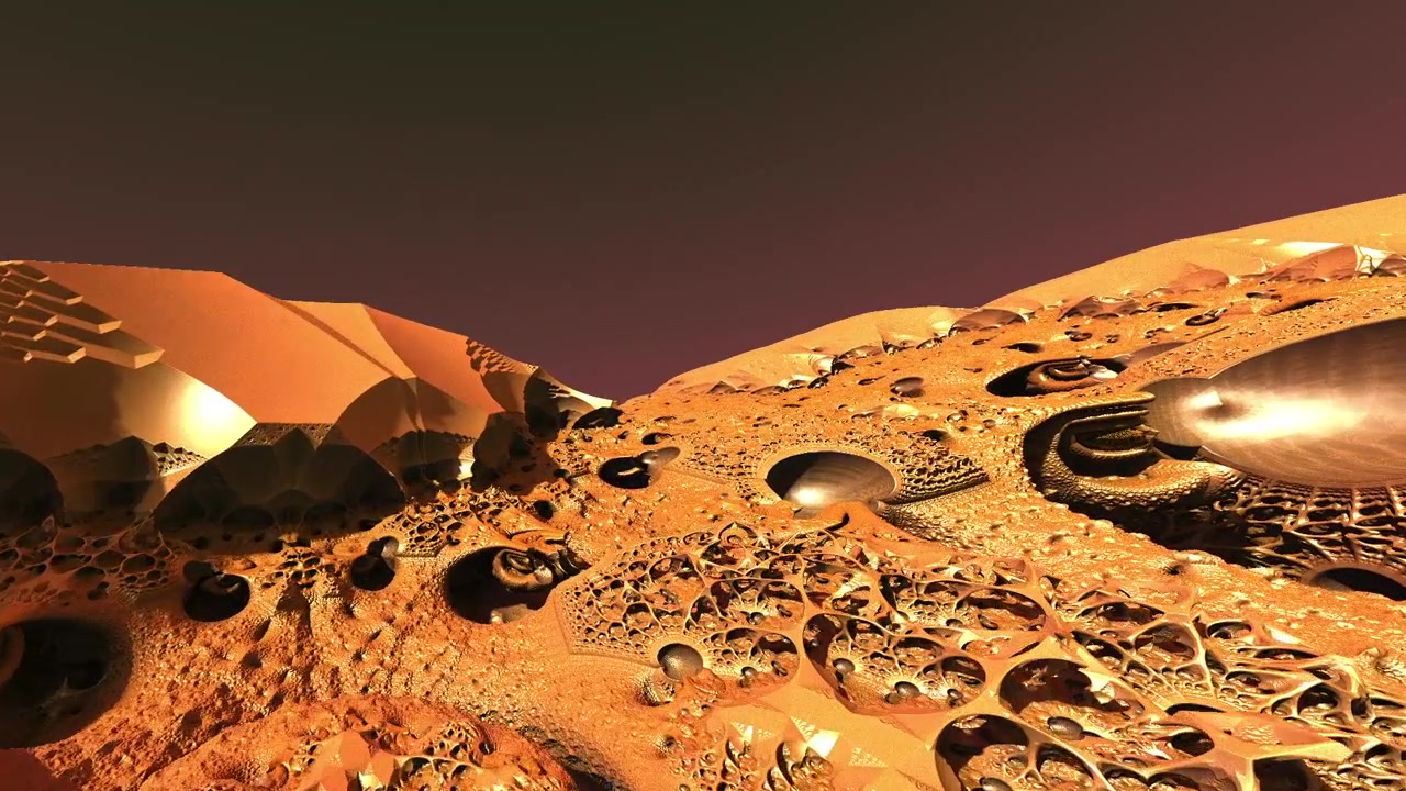 Volo attraverso un deserto frattale arancione