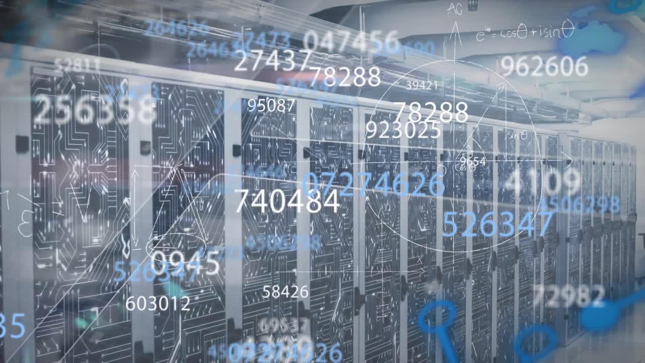 animación de números cambiantes, diagramas matemáticos en la sala del servidor en el fondo